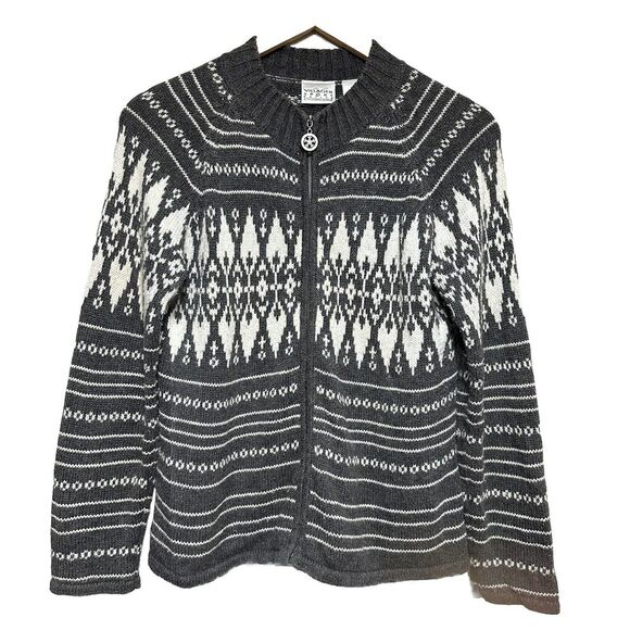 Villager Sport Fair Isle Full Zip Sweater Womens MP Gray White Ramie Cardigan‎ - Picture 1 of 7
